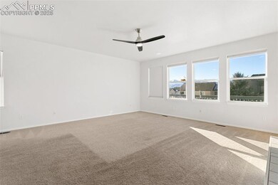 Carpeted spare room with ceiling fan