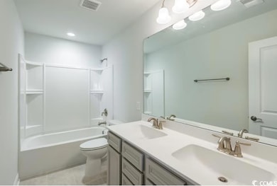 Full bath featuring a sink, visible vents, toilet,
