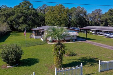 A lush front yard with mature landscaping, palm trees, and a covered carport welcomes you home to this well-maintained residence.