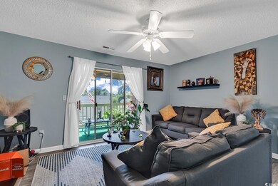 Living room with visible vents, ceiling fan, a tex