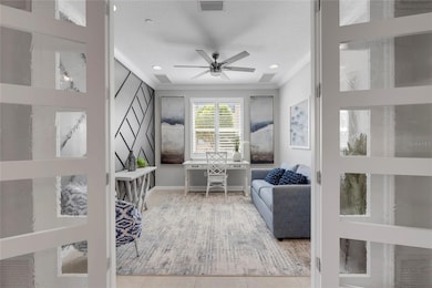 beautiful seeded glass doors looking into the office with custom wall