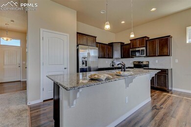Kitchen with dark brown cabinets, light stone countertops, a sink, stainless steel appliances, and dark wood-style floors