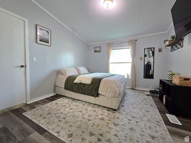 Bedroom with dark wood-type flooring, lofted ceiling, a textured ceiling, and ornamental molding