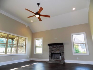 Huge great room with tons of natural light and fireplace.