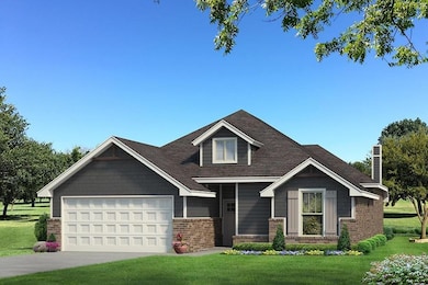 Craftsman-style house with brick siding, a chimney, a front yard, a garage, and driveway