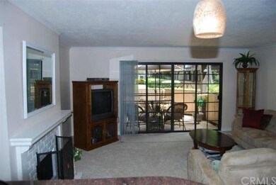 View from kitchen of living room and outside patio