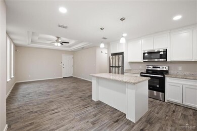 Kitchen with stainless steel appliances, a raised ceiling, a kitchen island, ceiling fan, and dark wood-type flooring