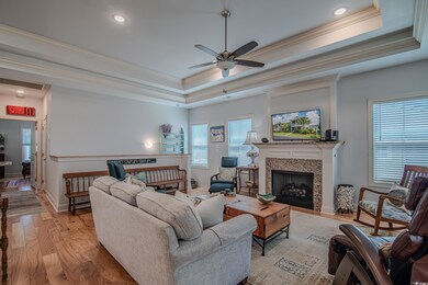 Living room featuring ceiling fan, a raised ceilin