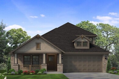 Craftsman-style house featuring a porch, driveway, brick siding, a shingled roof, and a front yard
