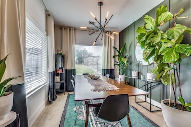 Dining space with an inviting chandelier