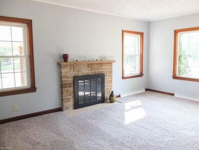 Living room with crown molding and a stone firepla
