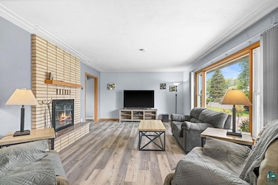 Living room featuring wood finished floors, a brick fireplace, a baseboard radiator, and ornamental molding