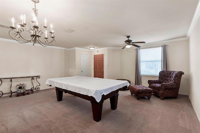 Rec room featuring crown molding, carpet floors, b