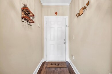 Entryway featuring ornamental molding, dark wood-s