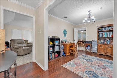 Home office with a chandelier, dark wood-style flooring, ornamental molding, a textured ceiling, and a ceiling fan