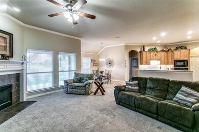 Living room featuring carpet flooring, a fireplace