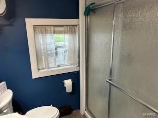 Full bathroom with toilet and a stall shower