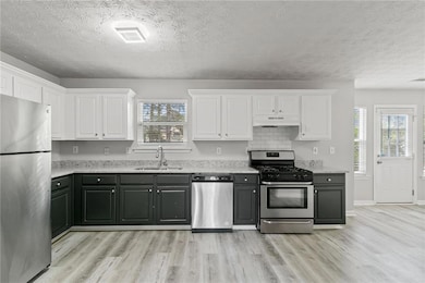 Kitchen with appliances with stainless steel finishes, a sink, under cabinet range hood, light wood finished floors, and white cabinets