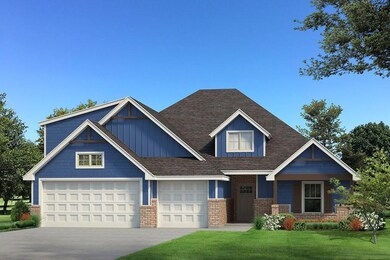 Craftsman house featuring a front lawn, driveway, a garage, brick siding, and board and batten siding