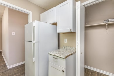 Kitchen featuring dark wood-style flooring, basebo
