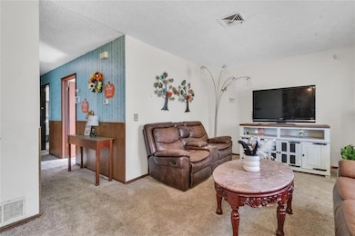Living area featuring carpet and a textured ceiling