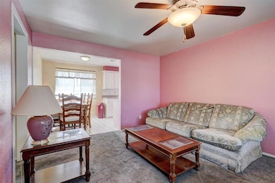 Carpeted living room with ceiling fan