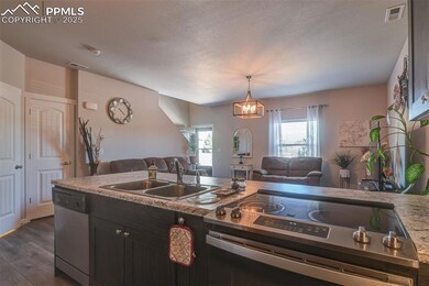 Kitchen with appliances with stainless steel finishes, open floor plan, dark wood-style floors, pendant lighting, and a textured ceiling