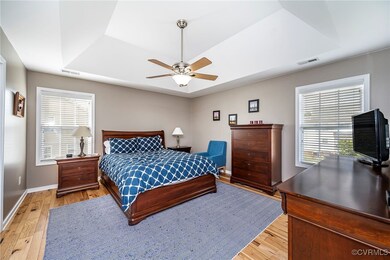 Bedroom with a tray ceiling, ceiling fan, and ligh