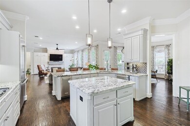 Kitchen with kitchen island, decorative light fixtures, newly added backsplash, dark hardwood flooring. Recent Renovation.