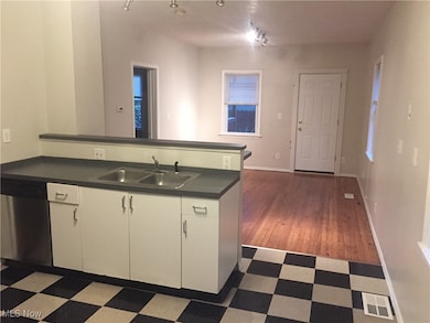 Kitchen with white cabinets, dark countertops, stainless steel dishwasher, track lighting, and dark flooring