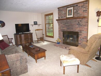 Family room features woodburning fireplace