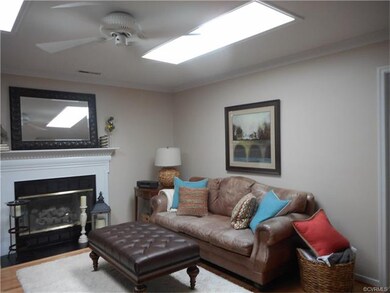 Comfortable living room with skylights, ceiling fa
