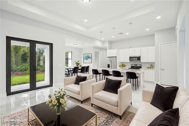 Living area featuring a tray ceiling, french doors