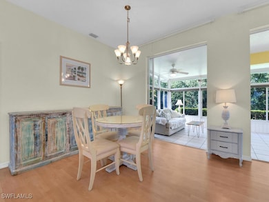 Dining area featuring wood finished floors, a chan