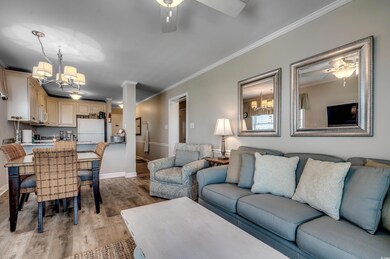 Living room featuring ceiling fan with notable chandelier, hardwood / wood-style flooring, and crown molding