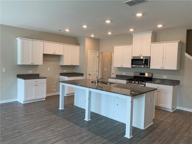 Kitchen with stainless steel appliances, dark wood-style floors, white cabinetry, a kitchen island with sink, and dark stone counters