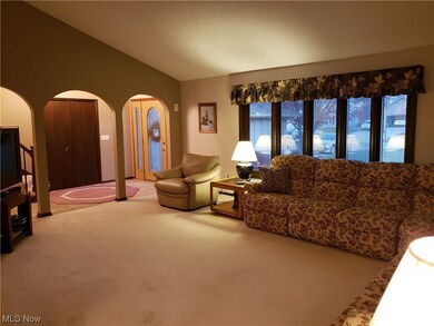Living room featuring lofted ceiling and light carpet