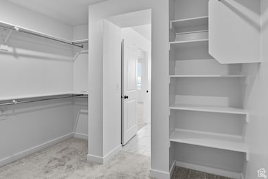 Walk in closet with light carpet