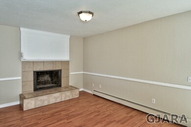 The wood-burning fireplace sits atop laminate wood
