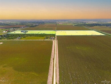 Aerial view at dusk of a view of countryside and agricultural area