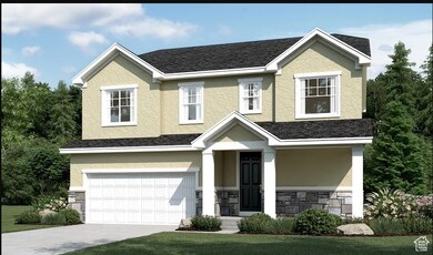 View of front of home with stucco siding, concrete driveway, a garage, stone siding, and a front yard