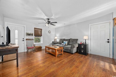Living area featuring ceiling fan and dark wood-st