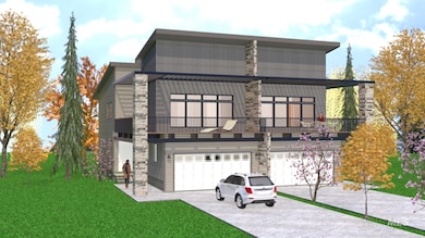 View of front of house with a balcony, concrete driveway, a front lawn, stone siding, and a garage