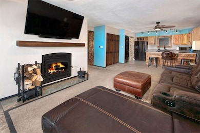 Spacious kitchen and family room with fireplace