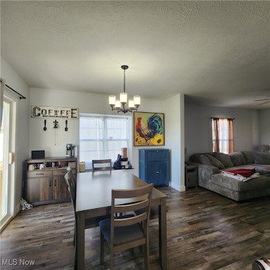 Dining room with a textured ceiling, dark wood-style floors, and a chandelier