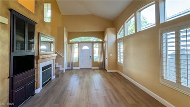 Foyer with light wood-type flooring and high vault