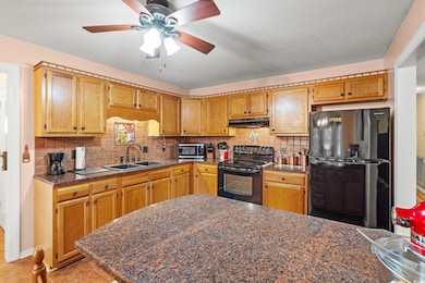 Kitchen with black appliances, under cabinet range hood, a sink, dark countertops, and tasteful backsplash