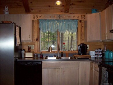Kitchen sink area with woods view.