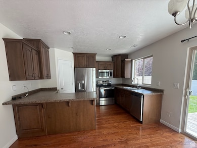 Kitchen with stainless steel appliances, dark countertops, dark wood-type flooring, a peninsula, and recessed lighting