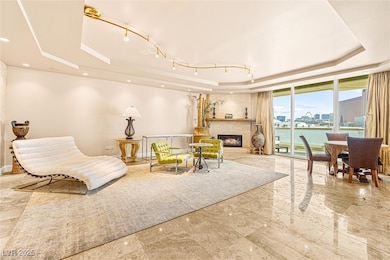 Living area with a tray ceiling and a high end fir